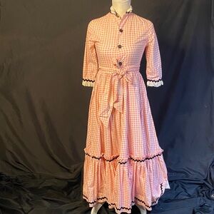Handmade Vintage-Inspired Pink Gingham Tiered Maxi Dress with Tie Waist